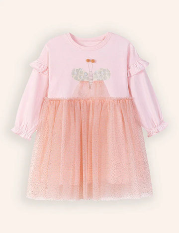 Butterfly Appliqué Long Sleeve Tulle Dress